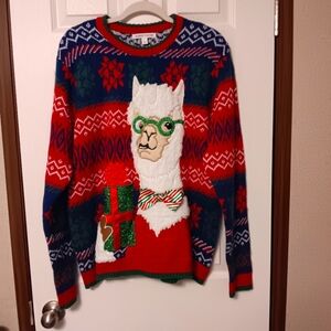 Ugly Cute Christmas Sweater With A Llama in Glasses & Bow Tie  Front Pocket L